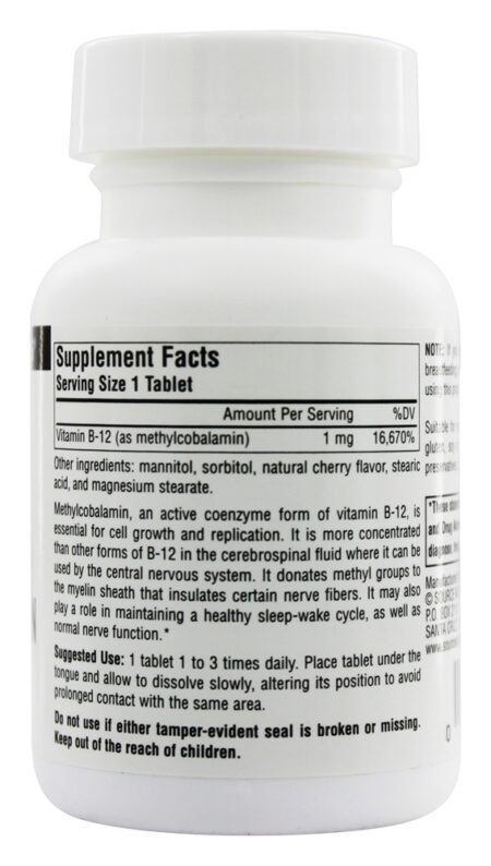 MethylCobalamin Vitamina B12 Cereja Sublingual 1 mg. - 120 Tablets Source Naturals - Image 2