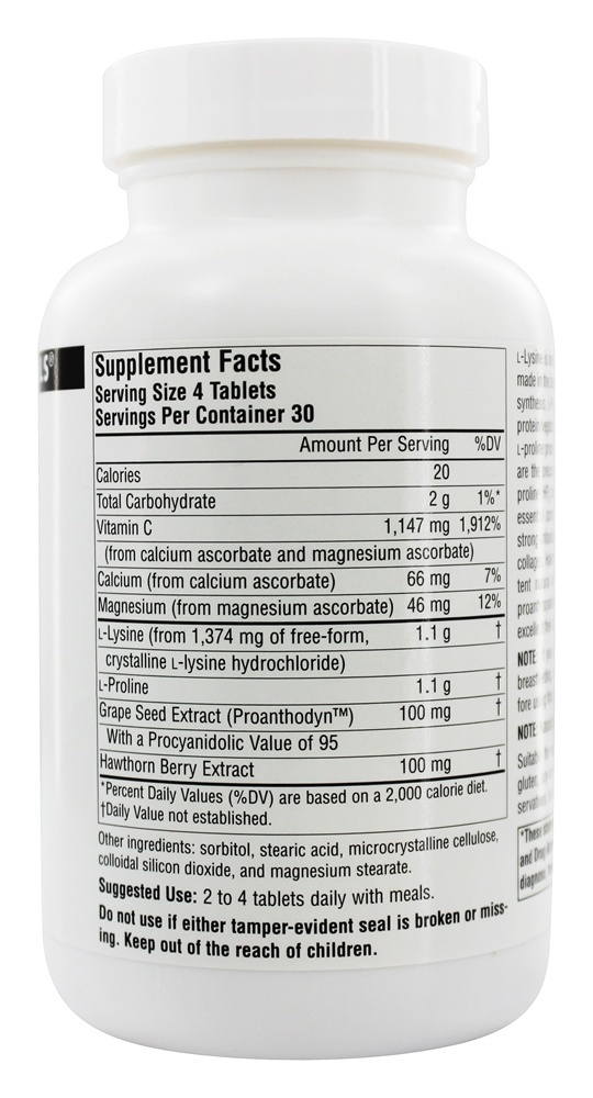 L-Prolina L-Lysine 275 mg . / 275 mg. - 120 Tablets Source Naturals - Imagem 2