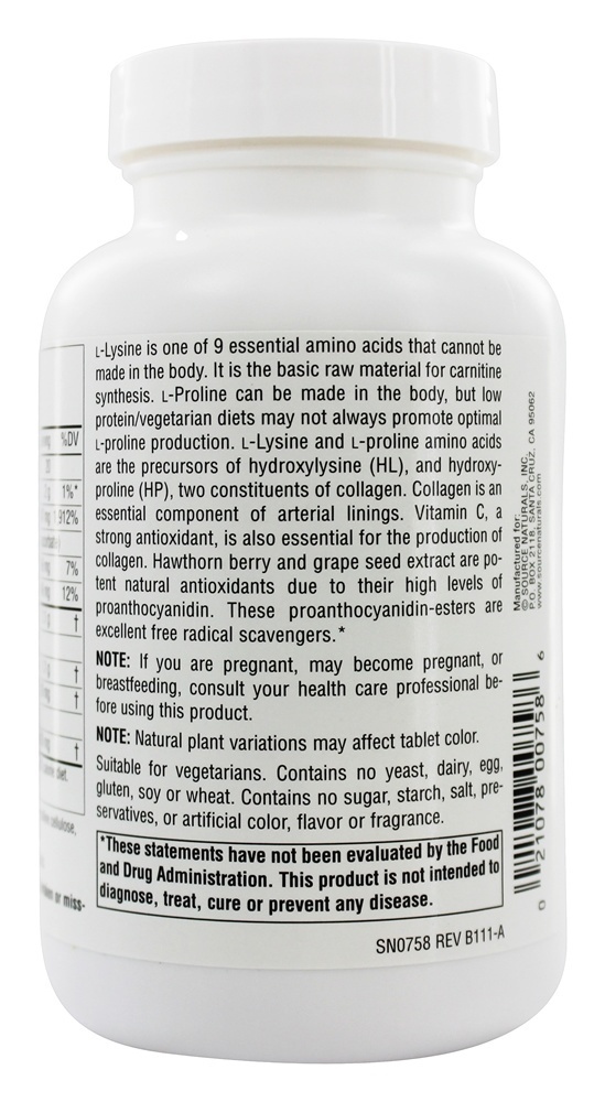 L-Prolina L-Lysine 275 mg . / 275 mg. - 120 Tablets Source Naturals - Imagem 3