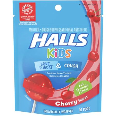 Halls Kids Sore Throat & Cough Cherry -- 10 Pops