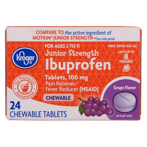 Ibuprofeno Junior Kroger 100mg - 24 Comprimidos Mastigáveis para Alívio Infantil