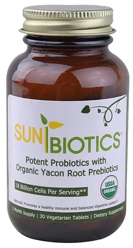 Sunbiotics Probióticos Potentes com Prebióticos Orgânicos de Raiz de Yacon - 18 Bilhões de UFCs - 30 Comprimidos Vegetarianos