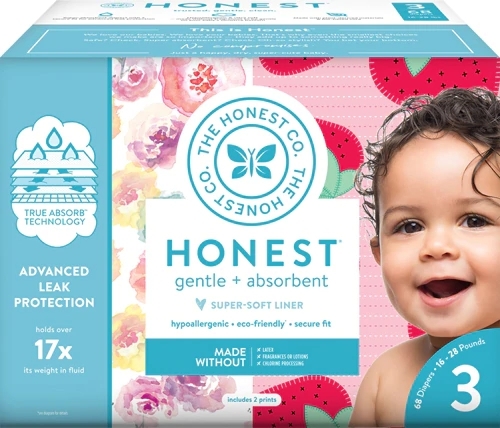 Fraldas The Honest Company Club Box Tamanho 3, Rose Blossom & Strawberries - 68 Unidades (Aprox. 4.5kg - 10kg)