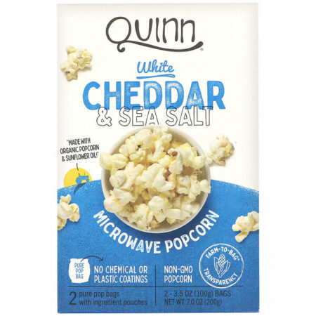 Quinn Popcorn, Microwave Popcorn, White Cheddar & Sea Salt, 2 Bags, 3.5 oz (100 g) Each