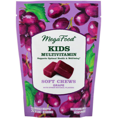 MegaFood, Kids Multivitamin Soft Chews, Uva, 30 Mastigáveis Macios Embalados Individualmente