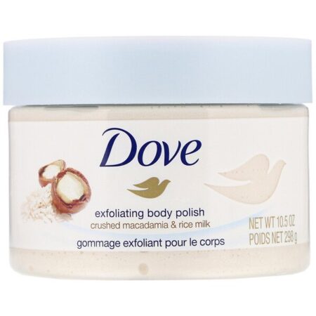 Dove, Esfoliante para polimento corporal, macadâmia triturada e leite de arroz, 298 g