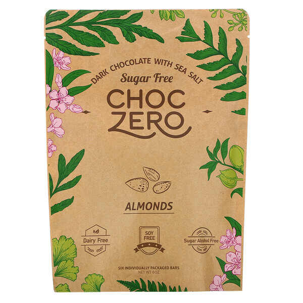 ChocZero, Dark Chocolate with Sea Salt, Almonds, Sugar Free, 6 Bars, 1 oz Each