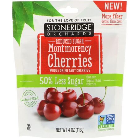 Stoneridge Orchards, Cerejas Montmorency, Cerejas Azedas Inteiras Secas, Açúcar Reduzido, 113 g (4 oz)