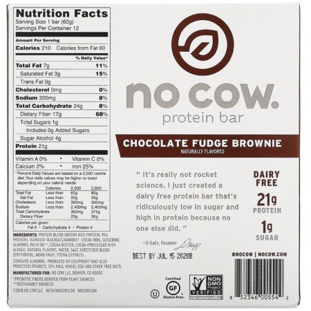 No Cow, Barra de Proteína, Brownie com Calda de Chocolate, 12 Barras, 60 g (2,12 oz) Cada - Image 3