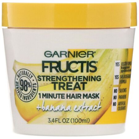 Garnier, Fructis, Tratamento fortalecedor, Máscara para cabelos de 1 minuto, Com extrato de banana, 3,4 fl oz (100 ml)