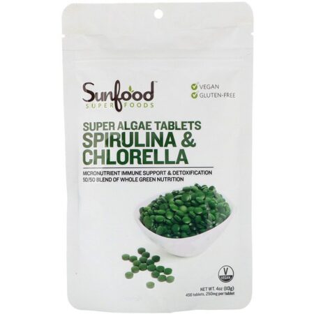 Sunfood, Espirulina e Chlorella, Comprimidos Super Algae, 250 mg, 456 Comprimidos