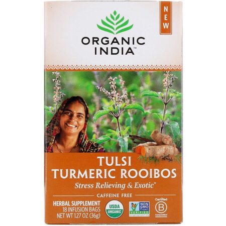 Organic India, Tulsi Tea, Turmeric Rooibos, Caffeine-Free, 18 Infusion Bags, 1.27 oz (36 g)