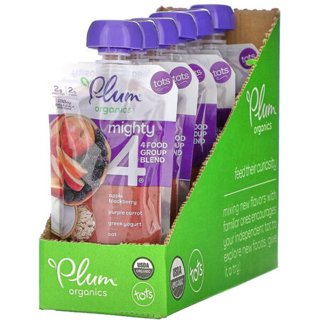 Plum Organics, Tots, Mighty 4, 4 Food Group Blend, Apple, Blackberry, Purple Carrot, Greek Yogurt, Oat, 6 Pouches, 4 oz (113 g) Each