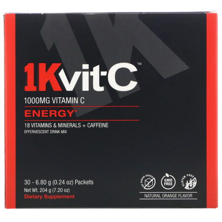 1Kvit-C, Vitamina C, Energia, Mistura Efervescente para Beber, Sabor Natural de Laranja, 1.000 mg, 30 Envelopes, 6,80 g (0,24 oz) Cada