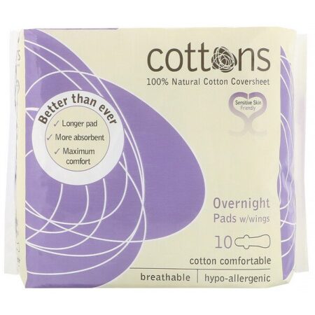 Cottons, Absorventes Noturnos com Abas, Cobertura de Algodão 100% Natural, Intenso, 10 Absorventes