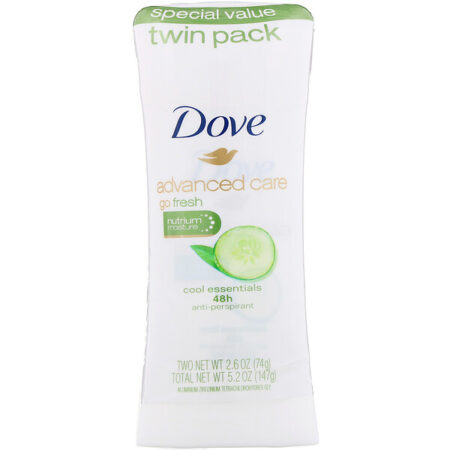 Dove, Advanced Care, Go Fresh, desodorante antiperspirante, Cool Essentials, embalagem com 2, 74 g cada