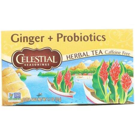 Celestial Seasonings, Chá Herbáceo, Gengibre + Probióticos, Sem Cafeína, 20 Saquinhos de Chá, 1,1 oz (31 g)