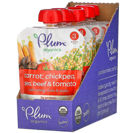 Plum Organics, Organic Baby Food, 6 Months & Up, Carrot, Chickpea, Pea, Beef & Tomato, 6 Pouches,4 oz (113 g) Each