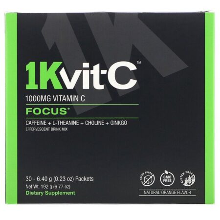 1Kvit-C, Vitamina C, Foco, Mistura Efervescente para Bebida, Sabor Natural de Laranja, 1.000 mg, 30 Envelopes, 6,40 g (0,23 oz) Cada