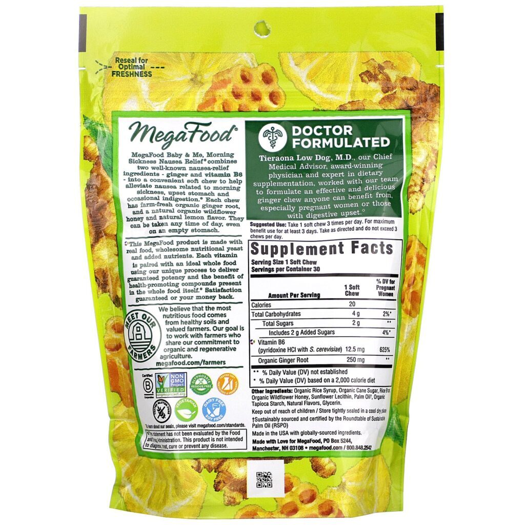 MegaFood, Baby & Me, Morning Sickness Nausea Relief, Honey Lemon Ginger, 30 Soft Chews - Imagem 2