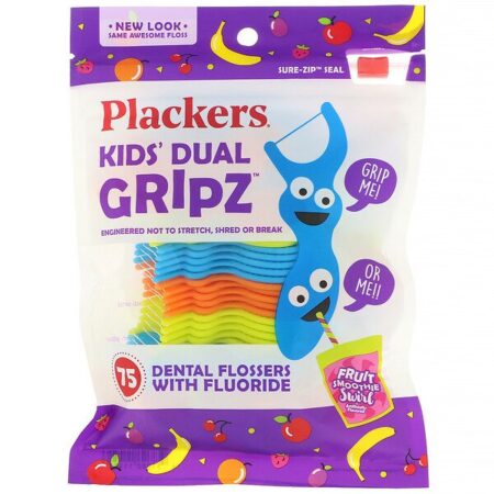 Plackers, Kid's Dual Gripz, Limpador Dental com Fluoreto, Batido de Frutas, 75 Unidades