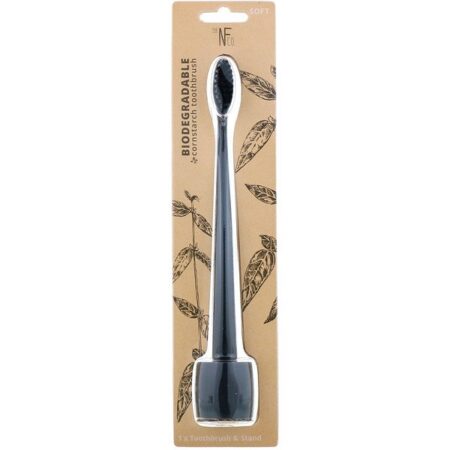 The Natural Family Co., Biodegradable Cornstarch Toothbrush, Pirate Black, Soft, 1 Toothbrush & Stand