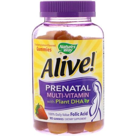 Nature's Way, Alive! Multivitamínico Pré-Natal com DHA Vegetal, Sabor Morango/Limão, 90 Gomas