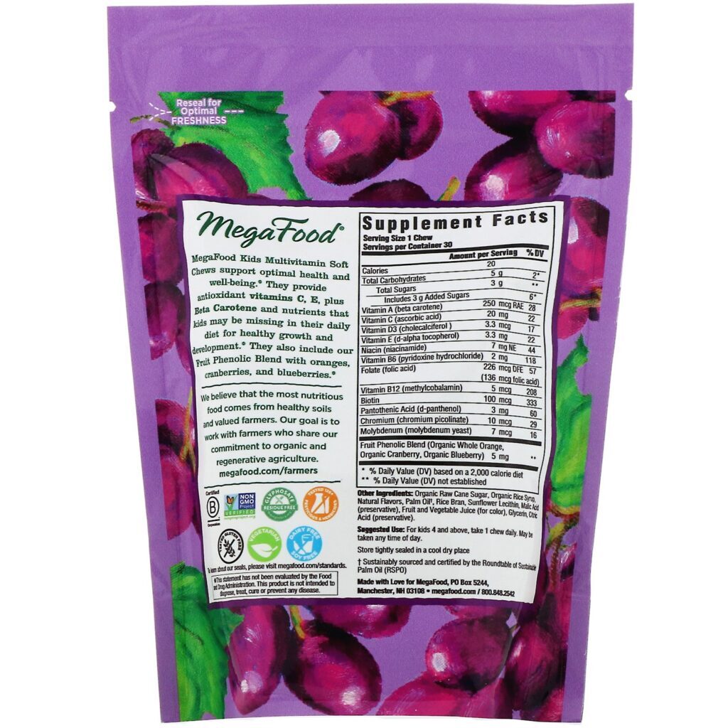 MegaFood, Kids Multivitamin Soft Chews, Uva, 30 Mastigáveis Macios Embalados Individualmente - Imagem 2