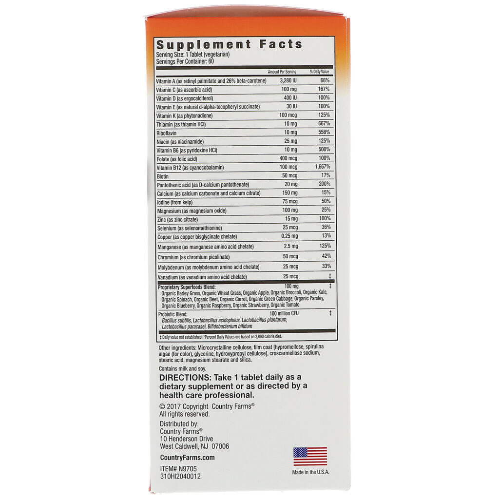 Country Farms, Living Foods, Multivitamínico Diário, 60 Comprimidos Vegetarianos - Imagem 2