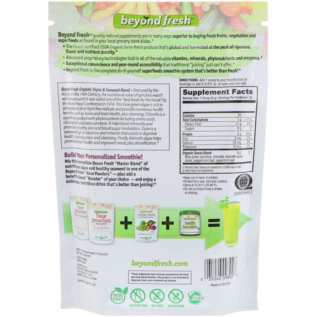 Beyond Fresh, Fresco do oceano, algas orgânicas, algas marinhas e minerais do mar Master Blend, sabor natural, 6,35 onças (180 g) - Imagem 2