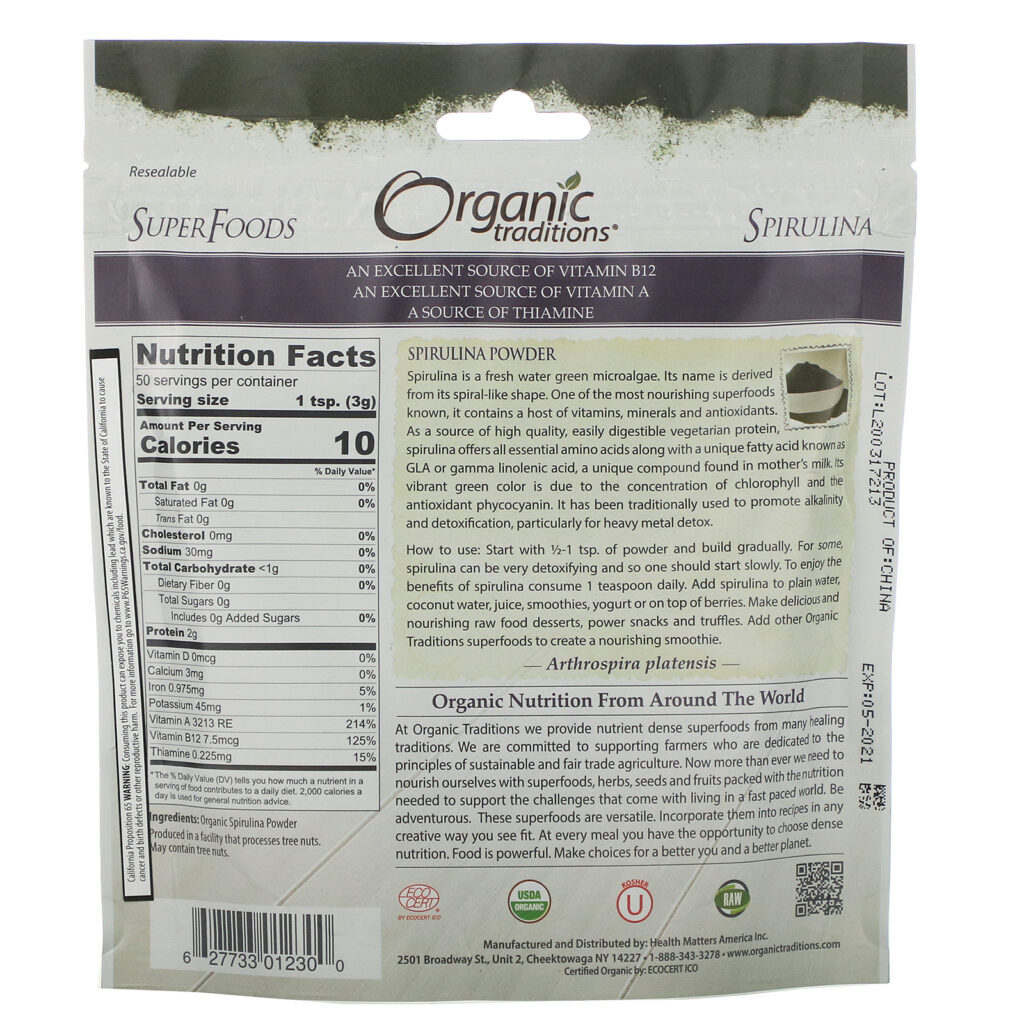 Organic Traditions, Spirulina Powder, 5.3 oz (150 g) - Imagem 2
