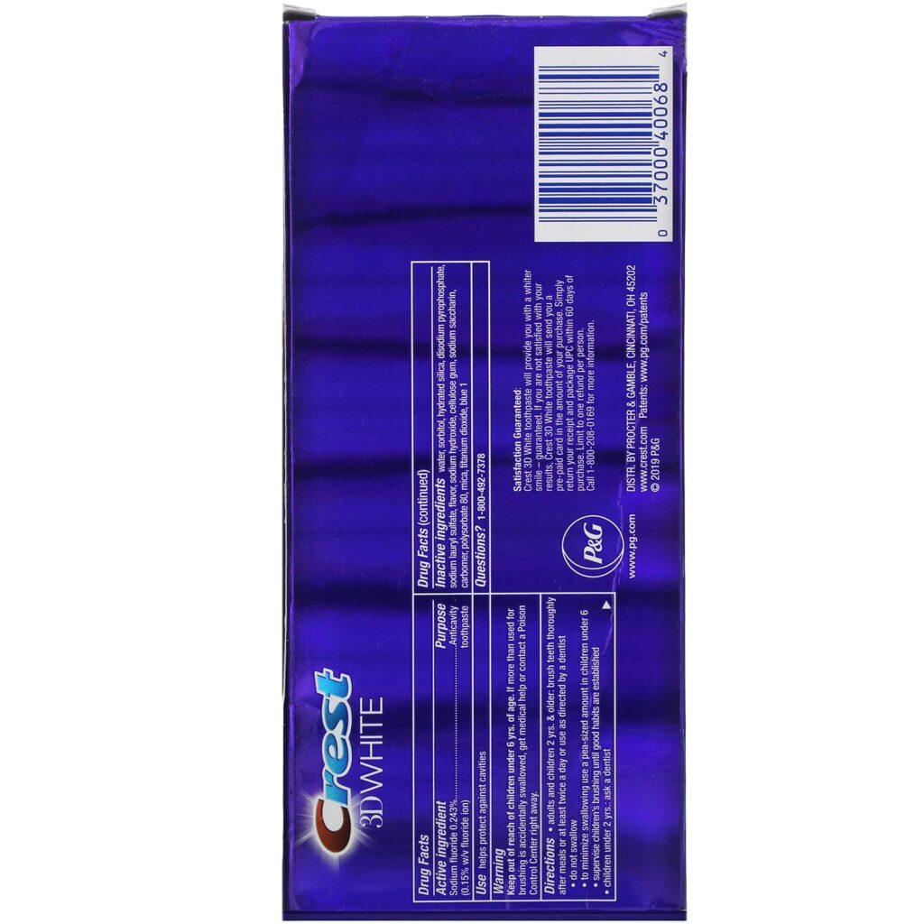 Crest, 3D White, Fluoride Anticavity Toothpaste, Radiant Mint, 2 Pack, 4.1 oz (116 g) Each - Imagem 3