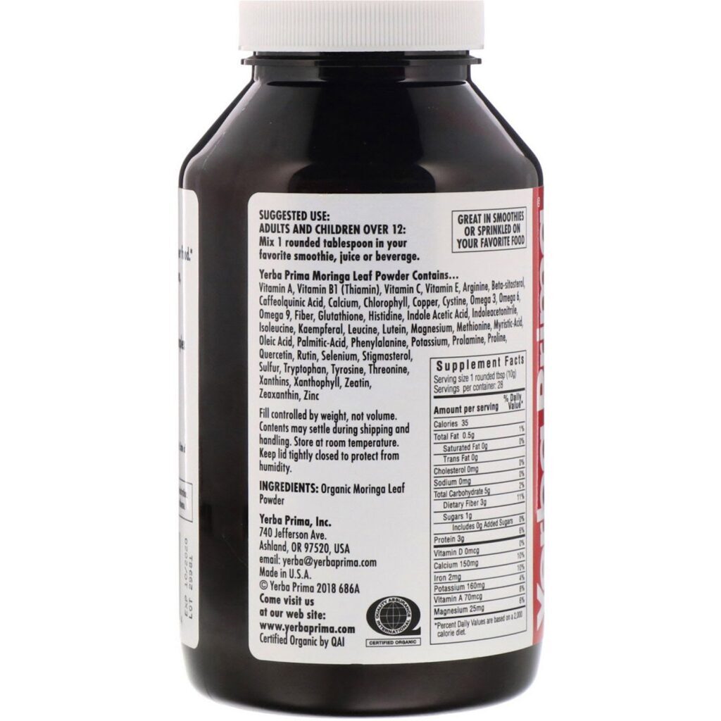 Yerba Prima, Pó de Moringa Orgânico, 10 oz (284 g) - Imagem 2