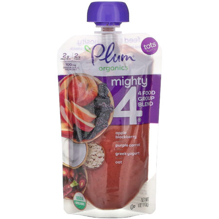 Plum Organics, Tots, Mighty 4, 4 Food Group Blend, Apple, Blackberry, Purple Carrot, Greek Yogurt, Oat, 6 Pouches, 4 oz (113 g) Each - Image 2