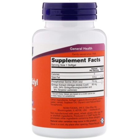 Now Foods, Fosfatidil Serina com Extrato de Ginkgo Biloba, 75 mg, 100 Cápsulas Softgel - Imagem 2