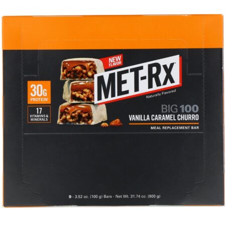 MET-Rx, Big 100, Barra de Reposição de Refeição, Baunilha Caramelo Churro, 9 Barras, 3,52 oz (100 g) Cada - Image 2