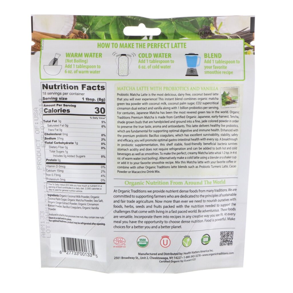 Organic Traditions, Latte Matcha com Probióticos e Baunilha, 5.3 oz (150 g) - Imagem 2