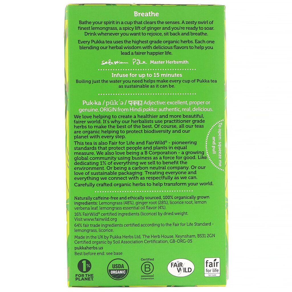 Pukka Herbs, Citronela Orgânica e Gengibre, Sem Cafeína, 20 Saquinhos de Chá de Ervas, 1,27 oz (36 g) - Imagem 2