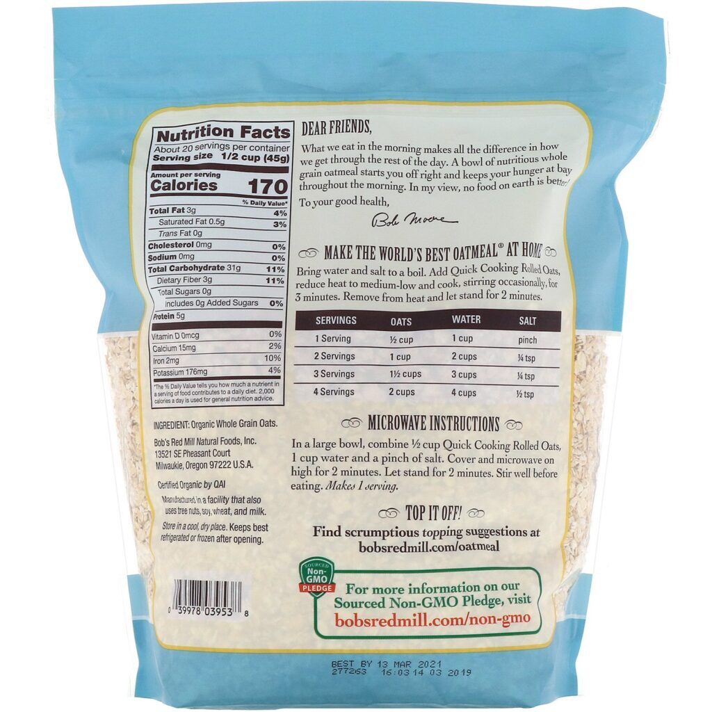 Bob's Red Mill, Orgânico, Flocos de Aveia de Cozimento Rápido, Integral, 32 oz (907 g) - Imagem 2