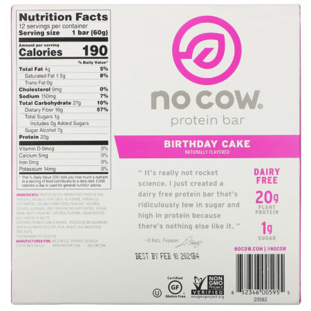 No Cow, Protein Bar, Birthday Cake, 12 Bars, 2.12 oz (60 g) Each - Image 3