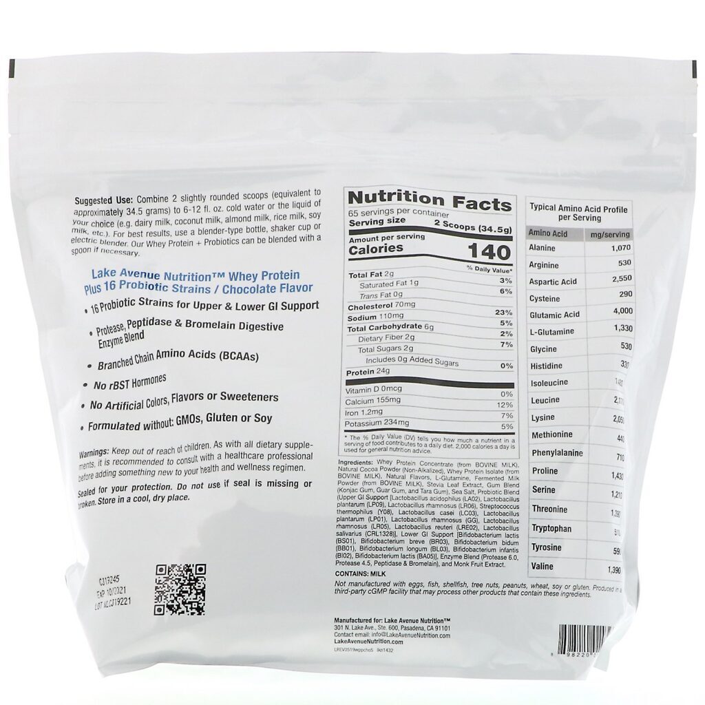 Lake Avenue Nutrition, Proteína Whey + Probióticos, Sabor Chocolate, 2270 g (5 lb) - Imagem 2