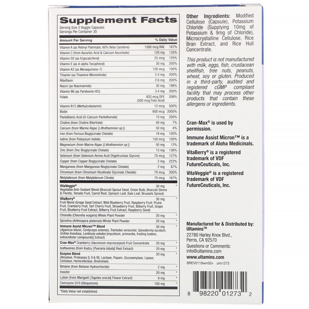 Ultamins, Multivitamínico para Mulheres Acima de 50 anos com CoQ10, Cogumelos, Enzimas, Vegetais e Frutos Silvestres, 60 Cápsulas Vegetais - Imagem 2