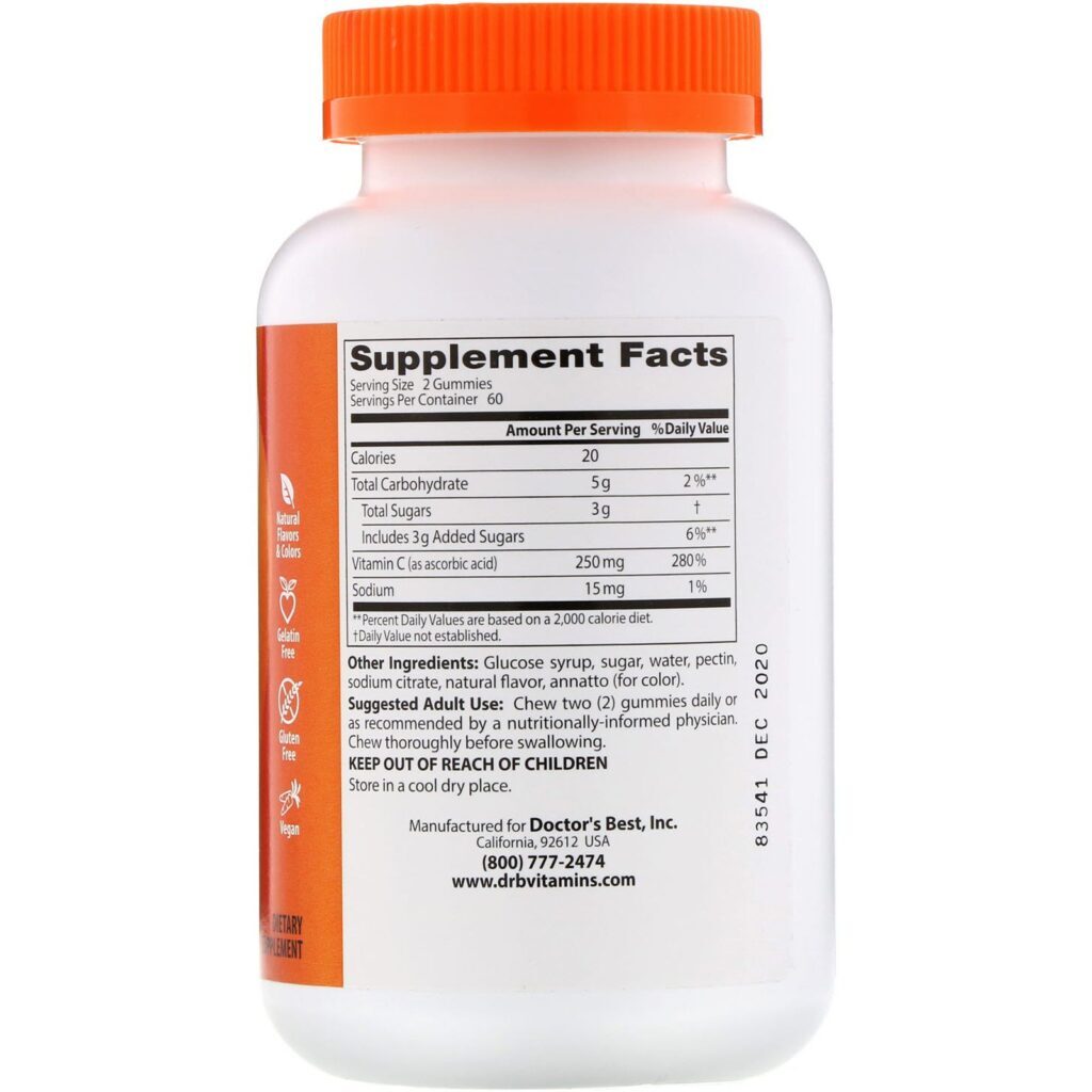 Doctor's Best, Jujubas de Vitamina C, Satisfação de Laranja, 250 mg, 120 Jujubas - Imagem 2