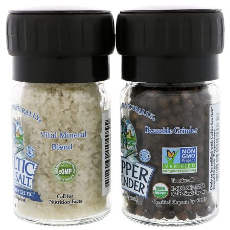 Celtic Sea Salt, Mini Mixed Grinder Set, Light Grey Celtic Salt & Pepper Grinder, 2.9 oz (82 g) - Image 2