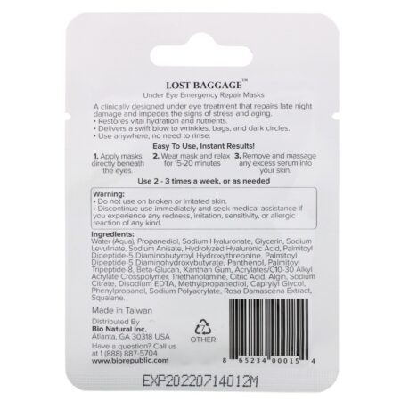 BioRepublic Skincare, Lost Baggage, Under Eye Emergency Repair Masks, 1 Pair, 0.34 oz (10 ml) - Image 2