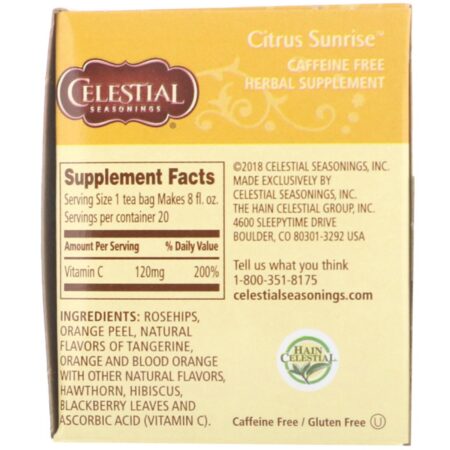 Celestial Seasonings, Chá Herbáceo, Alvorada Cítrica, Sem Cafeína, 20 Saquinhos de Chá, 1,7 oz (47 g) - Image 2