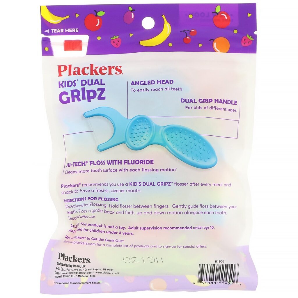 Plackers, Kid's Dual Gripz, Limpador Dental com Fluoreto, Batido de Frutas, 75 Unidades - Imagem 2