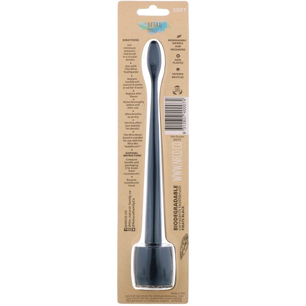 The Natural Family Co., Biodegradable Cornstarch Toothbrush, Pirate Black, Soft, 1 Toothbrush & Stand - Imagem 2
