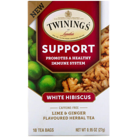 Twinings, Chá de Ervas para Suporte, Hibisco Branco, Limão e Gengibre, Sem Cafeína, 18 Saquinhos, 27 g