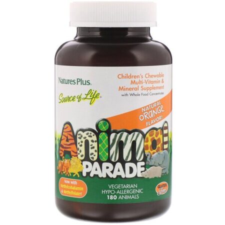 Nature's Plus, Fonte de Vida, Animal Parade, Suplemento Multivitamínico e Multimineral Mastigável para Crianças, Sabor Natural de Laranja, 180 Bichinhos